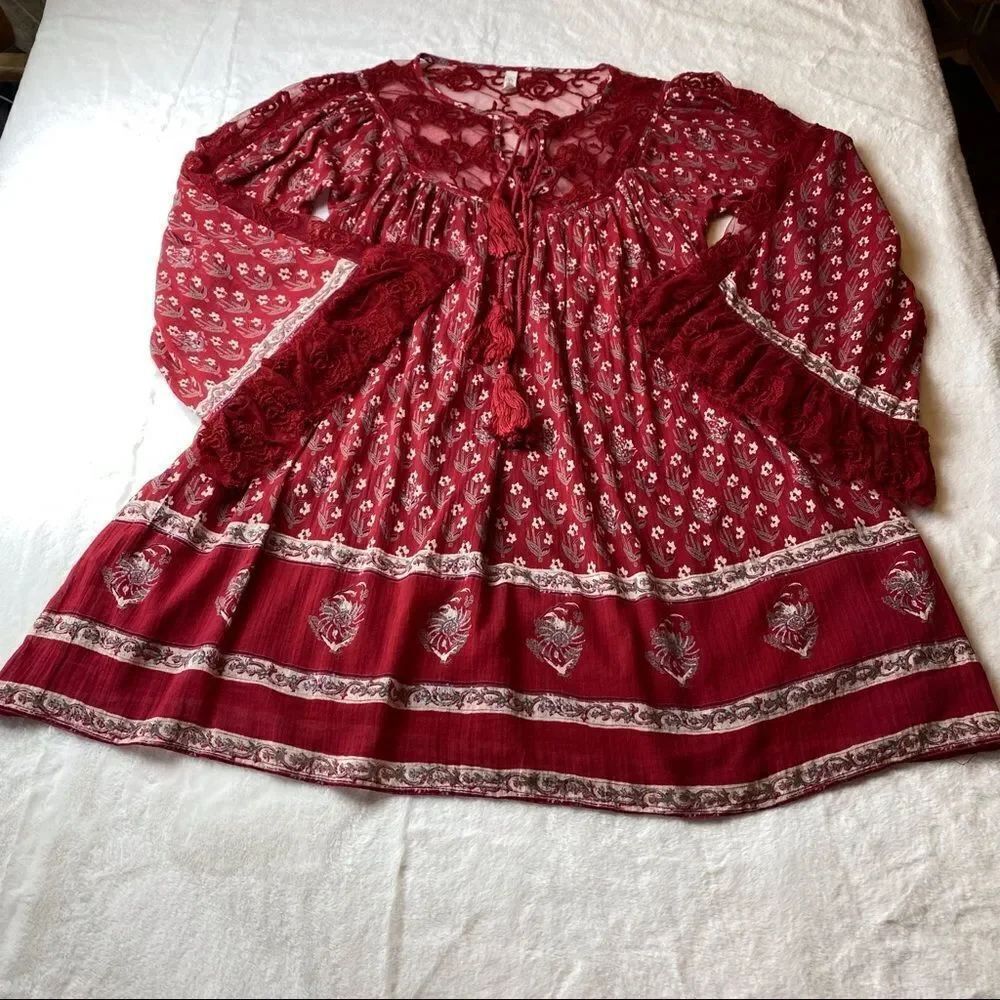 Free People Boho Red Floral Dress Size XS